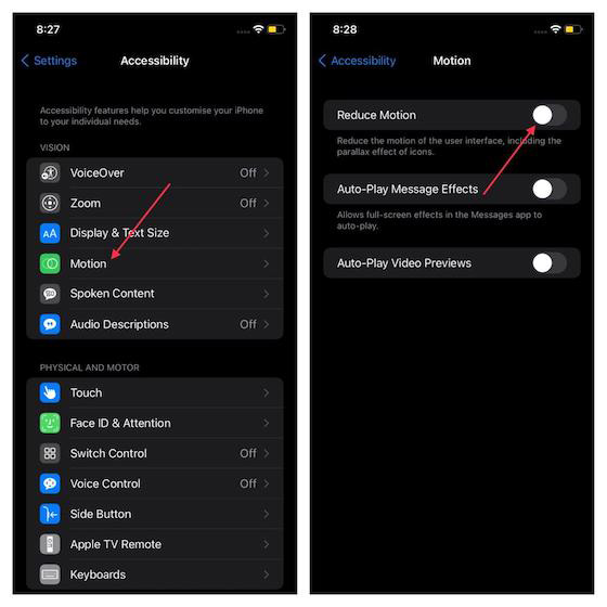 10 راهکار برای کاهش مصرف باتری در آی او اس 15 برای بهتر شدن باتری iOS 15 کاهش جنبش رابط کاربری